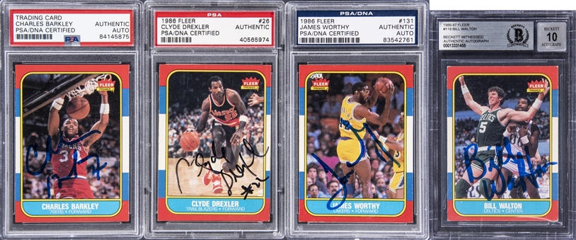 1986-87 Fleer Basketball Hall Of Famers Graded Signed Card Collection (4 Different) Including Drexler, Worthy, Barkley & Walton - PSA/BAS Authentic